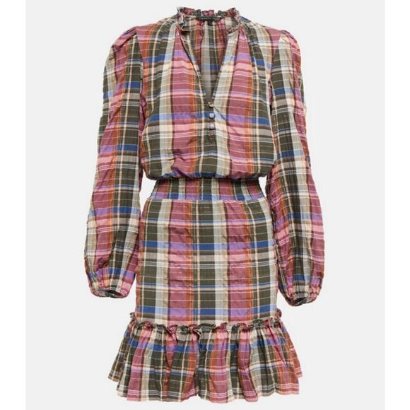 💕VERONICA BEARD💕 Destiny Crinkle Plaid A-Line Dress ~ Olive Green/Pink 8 NWT - Picture 9 of 16